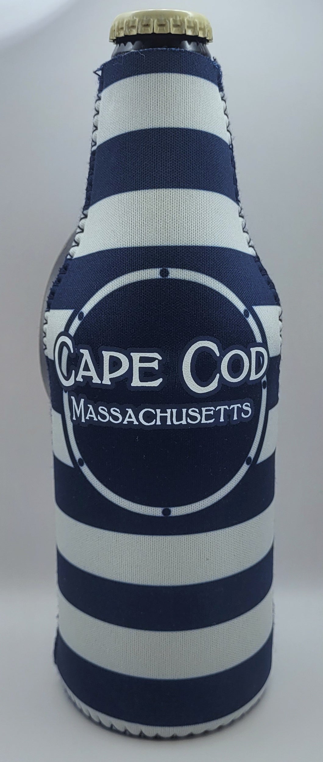 Cape Cod Navy and White Striped Bottle Koozie with Opener