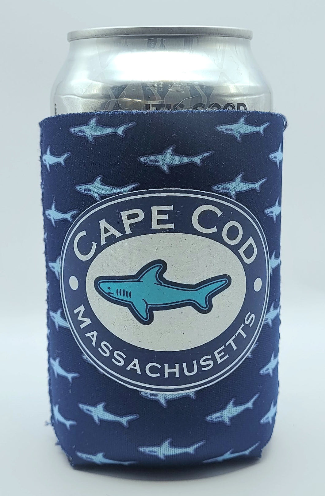 Navy with Sharks Can Koozie