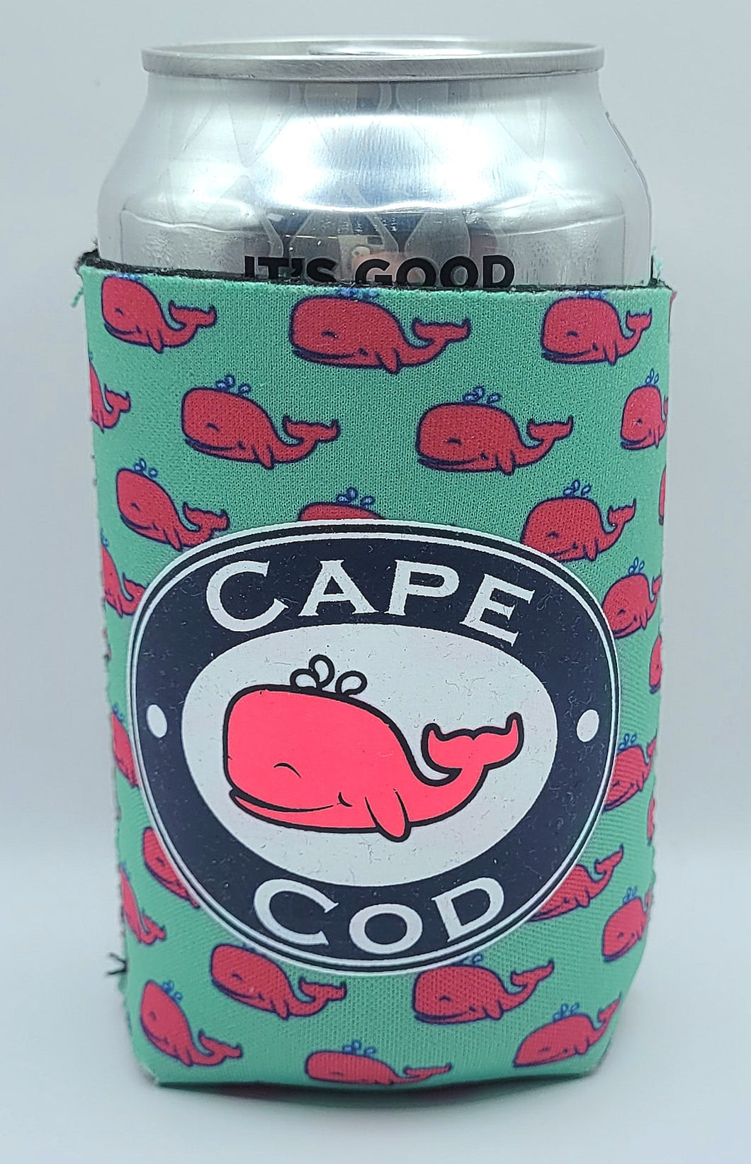 Aqua with Pink Whales Can Koozie