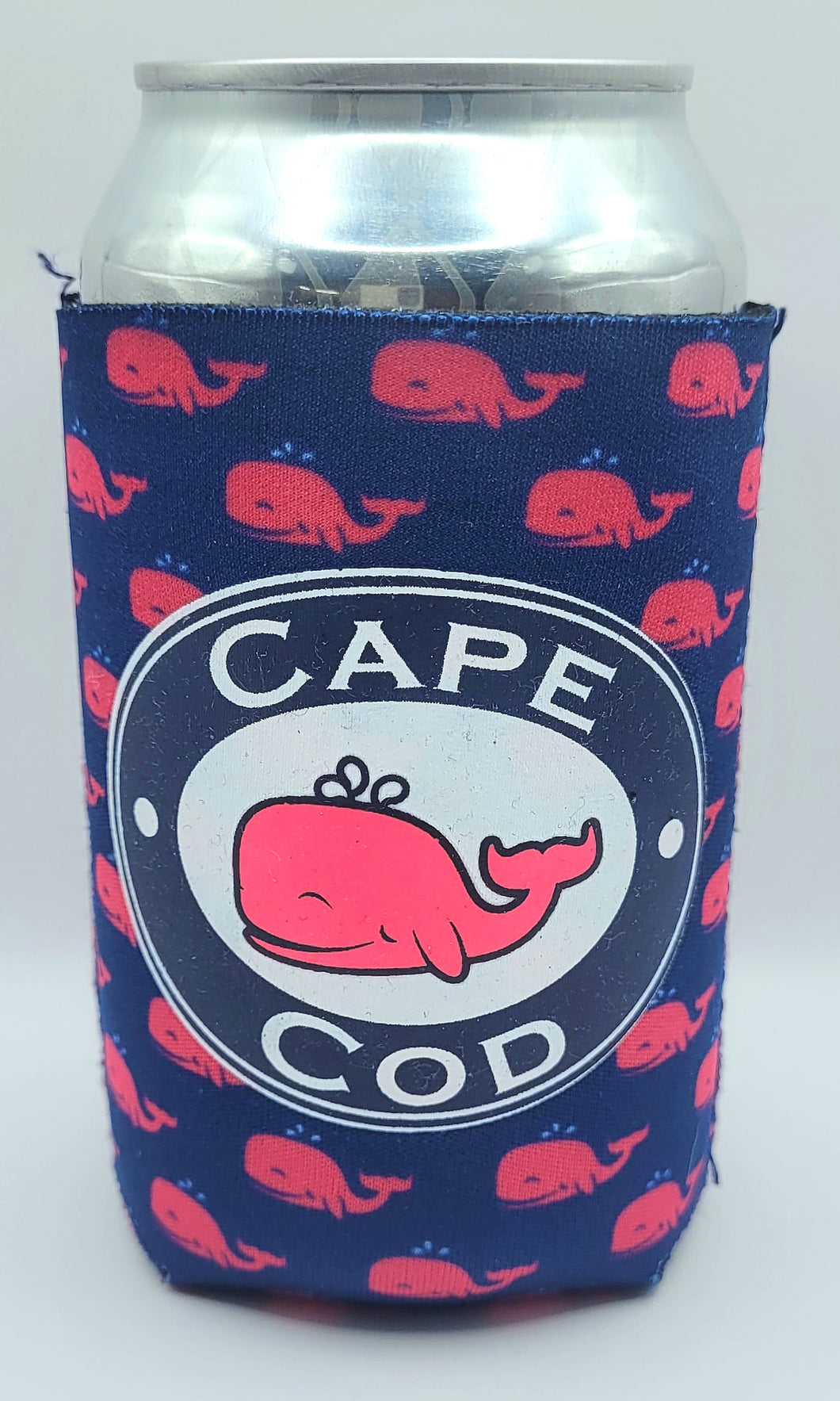 Navy with Pink Whales Can Koozie